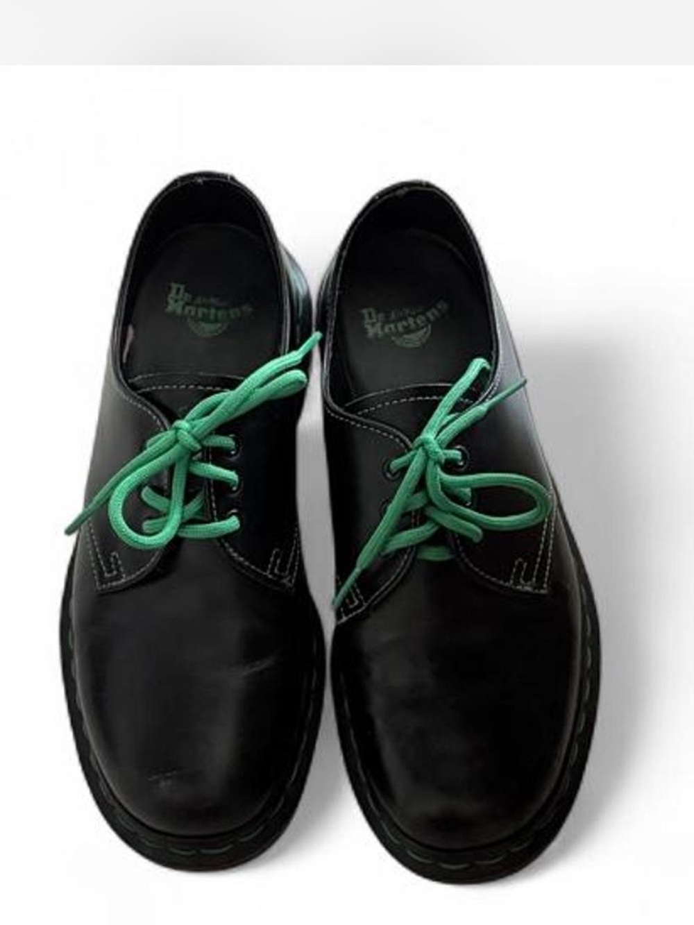 Women’s Dr. Martens Black Leather Derby with Green stitching Laces
